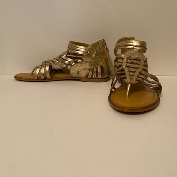 DIANE VON FURSTENBERG SHOES SANDALS THONG FLAT GLADIATOR STUDS GOLD LEATHER - Picture 3 of 12